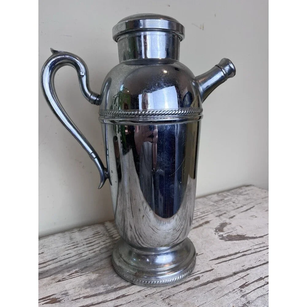 Vintage MCM Chrome Cocktail Pitcher Shaker Chrome Plated Martini Barware Deco